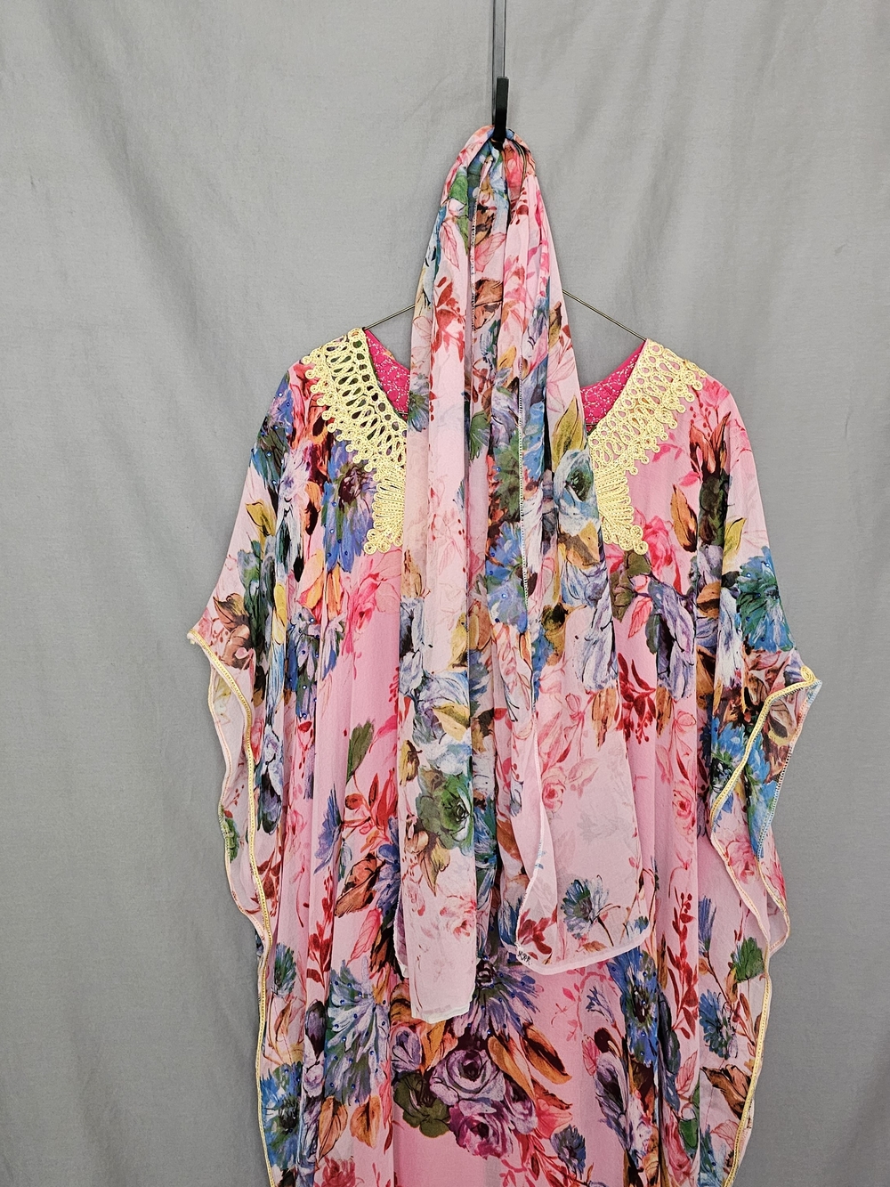 Silk Chiffon Pink Floral Maxi Caftan with Gold Crochet V-Neck - Picture 10 of 10